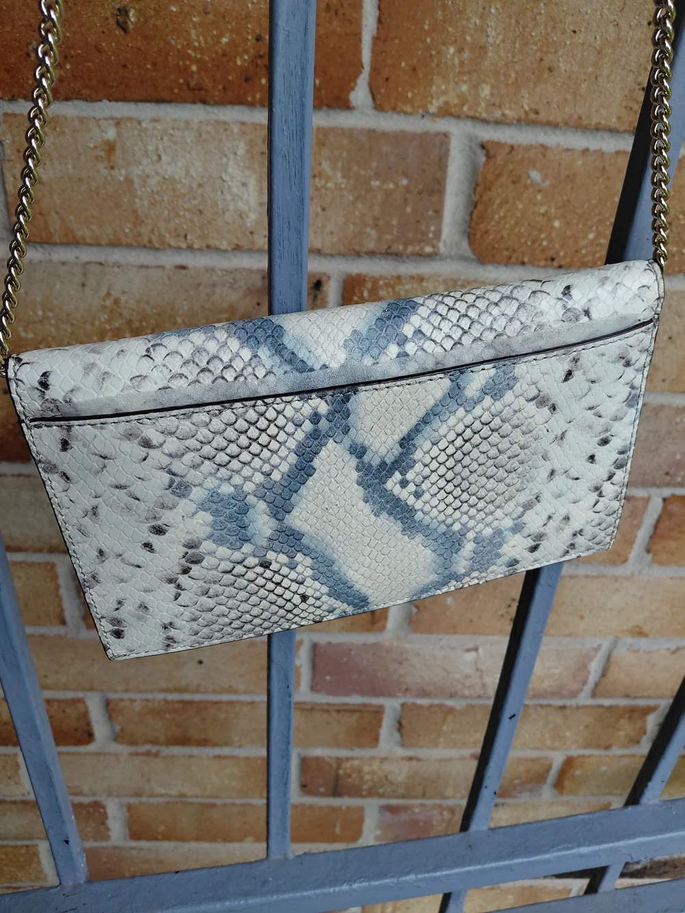 kate spade White and Light Blue Snake-Print Crossbody with Gold Chain
